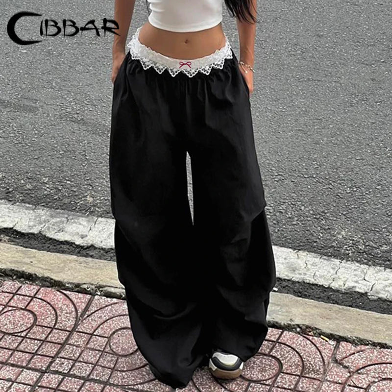 CIBBAR Y2K Contrast Lace Baggy Pants with Wide-Leg