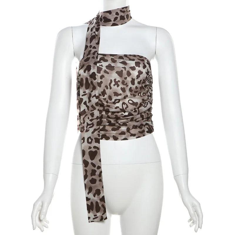 Leopard Tulle Off-Shoulder Blouse for Women