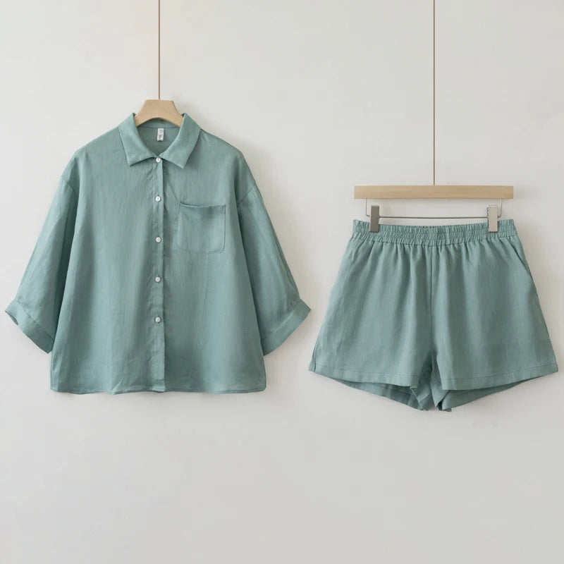 Linen Blouse & Shorts Two-Piece Set for Summer