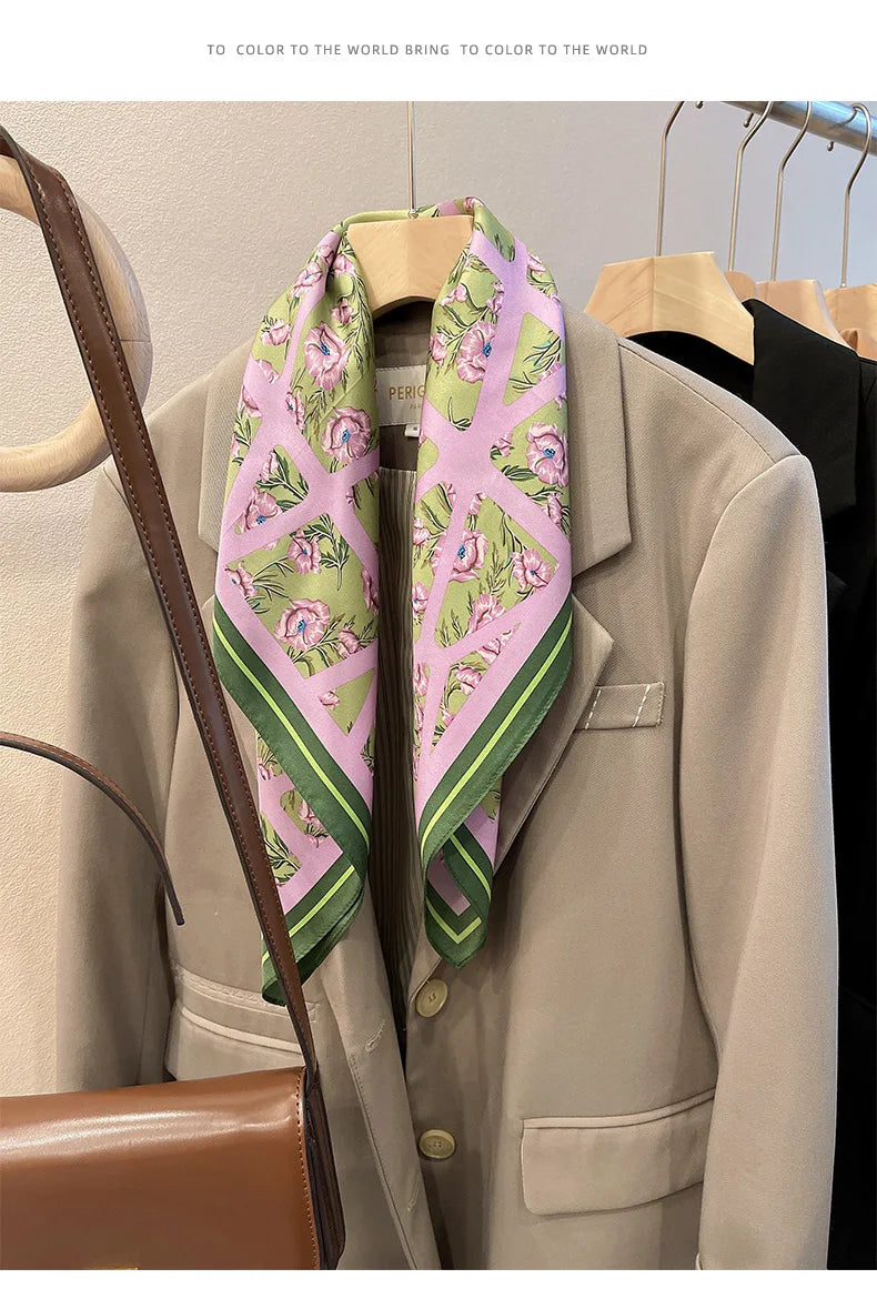 Silky Square Scarf & Head Wrap with Cat Motif