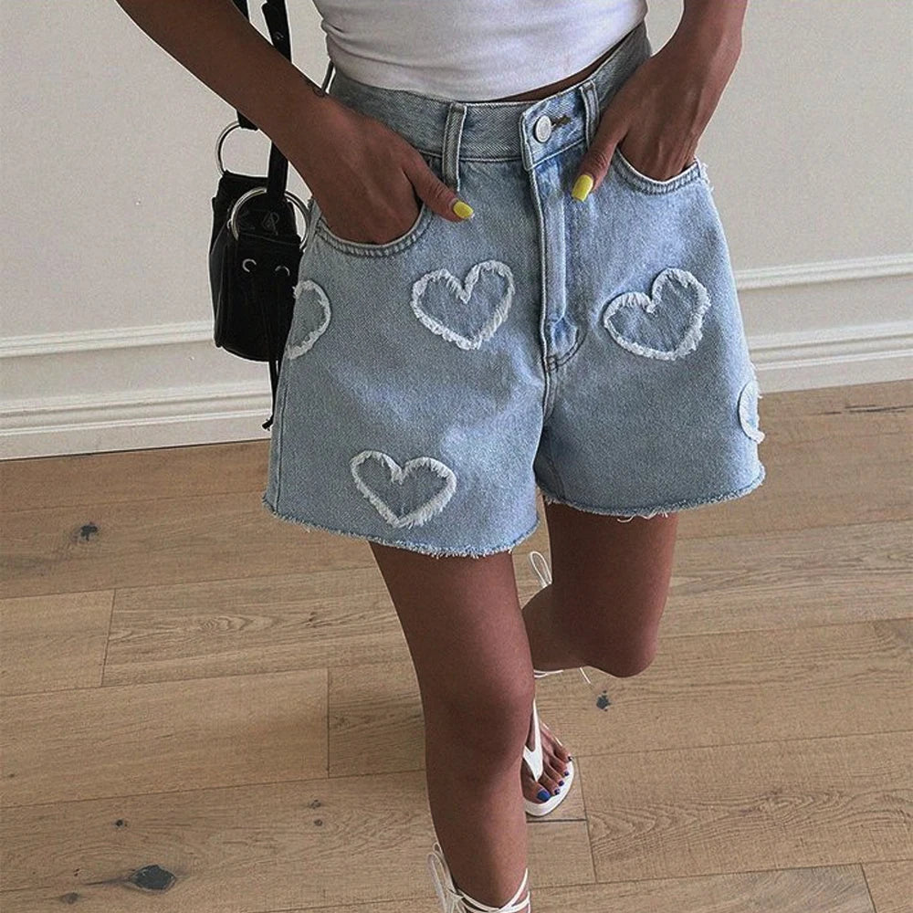 Y2K High-Waisted Denim Jorts with Hearts