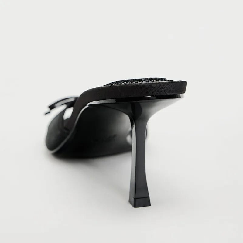 Lace-Mesh Heeled Sandals with Bow Detail