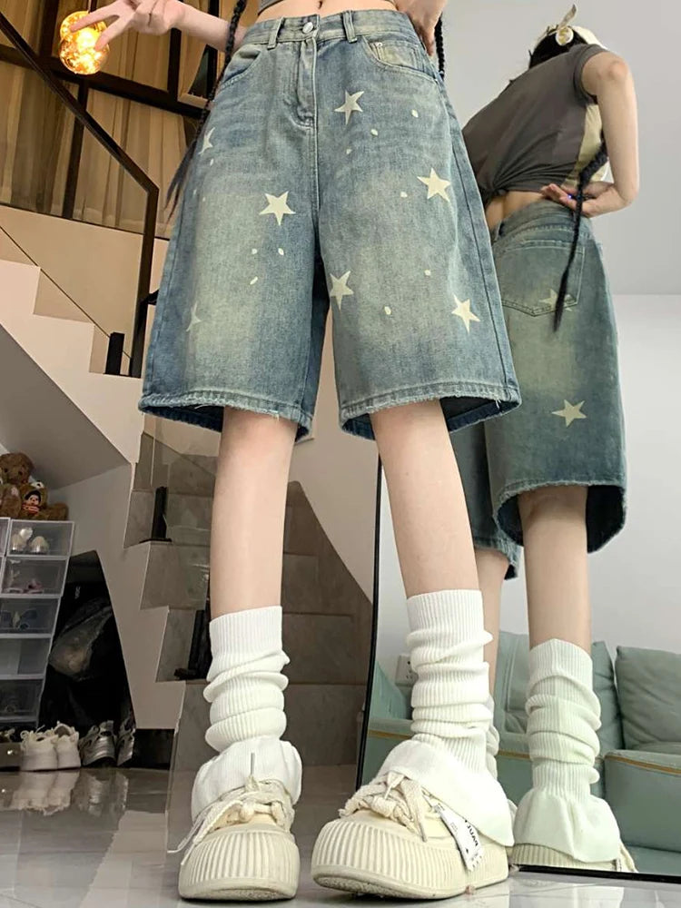 High-Waisted Retro Washed Denim Jorts with Stars