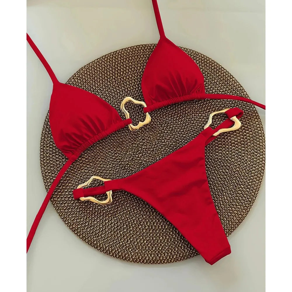 Solid Color Lace-Up Split Two-Piece Bikini