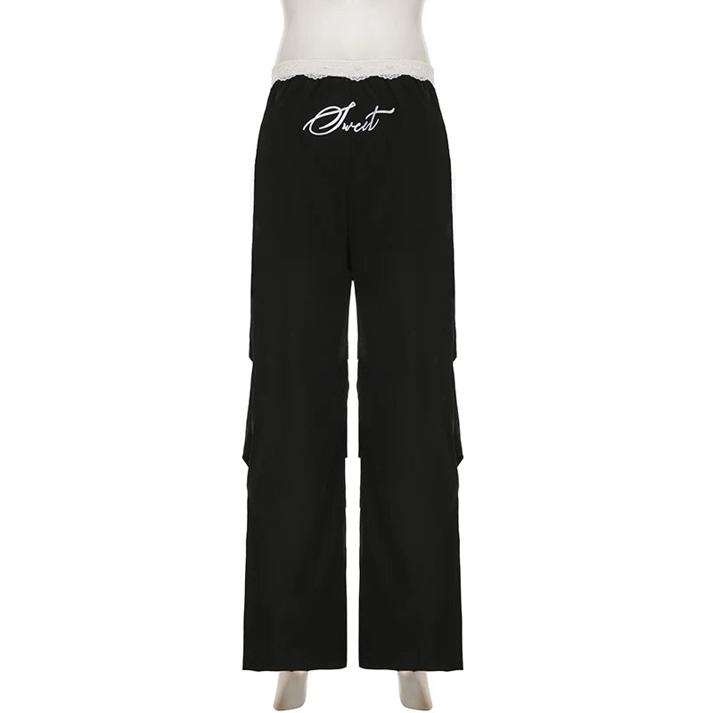 CIBBAR Y2K Contrast Lace Baggy Pants with Wide-Leg