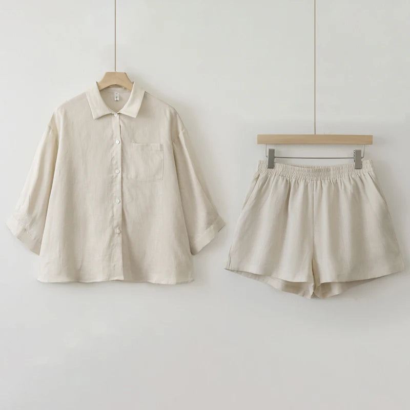 Linen Blouse & Shorts Two-Piece Set for Summer