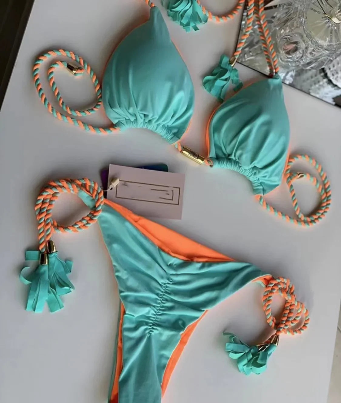 Two-Toned Triangle Bikini with Rope Tassels