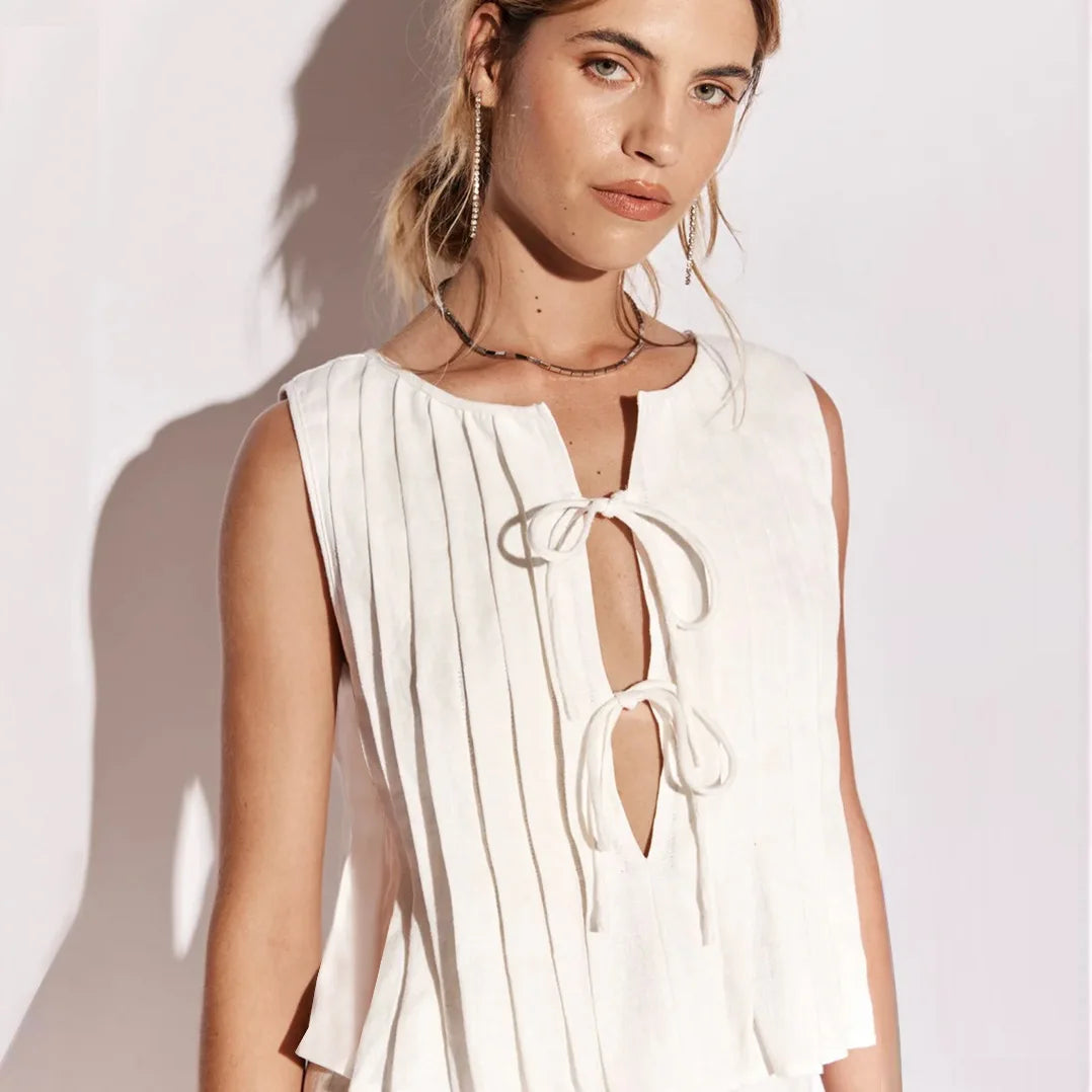 Bow Lace-Up Sleeveless Cotton Linen Top