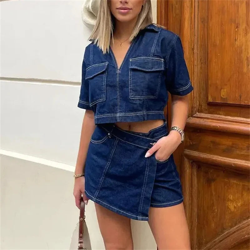 TRAF Cropped Y2K Blue Denim Shirt & Skirt Singles