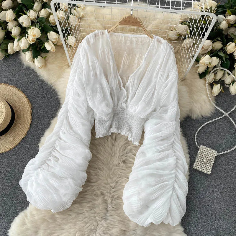 Sheer Y2K Chiffon Cropped Blouse with Long Sleeves