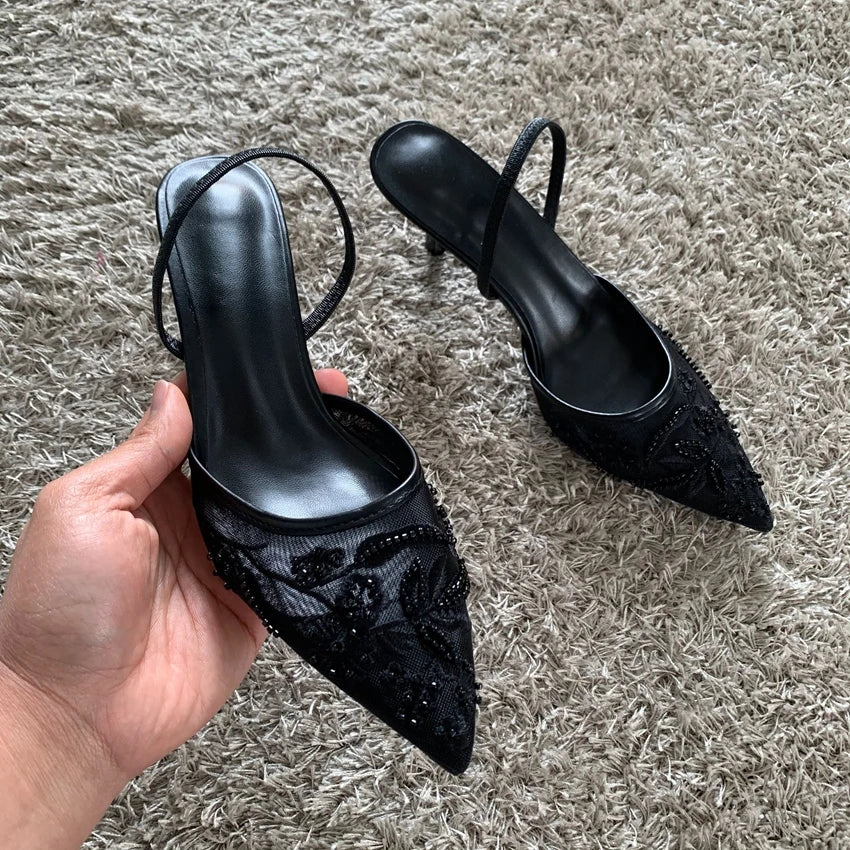 Mesh Embroidered Slingback Heels for Bridal & Party