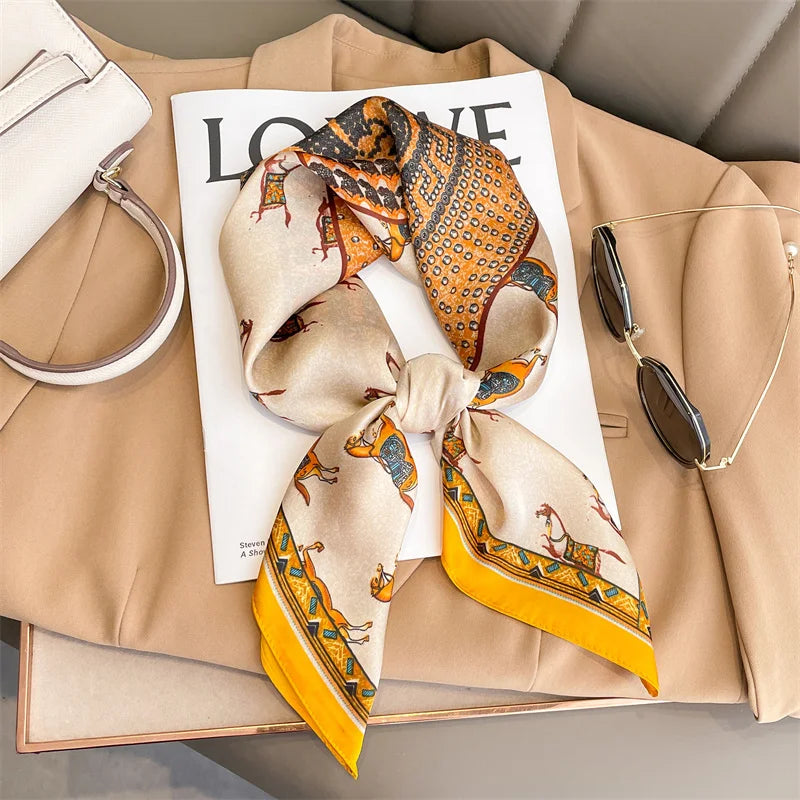 Silky Square Scarf & Head Wrap with Cat Motif