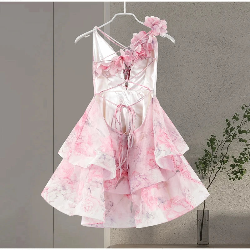 Backless Halter Summer Dress with 3D Flower Appliqués