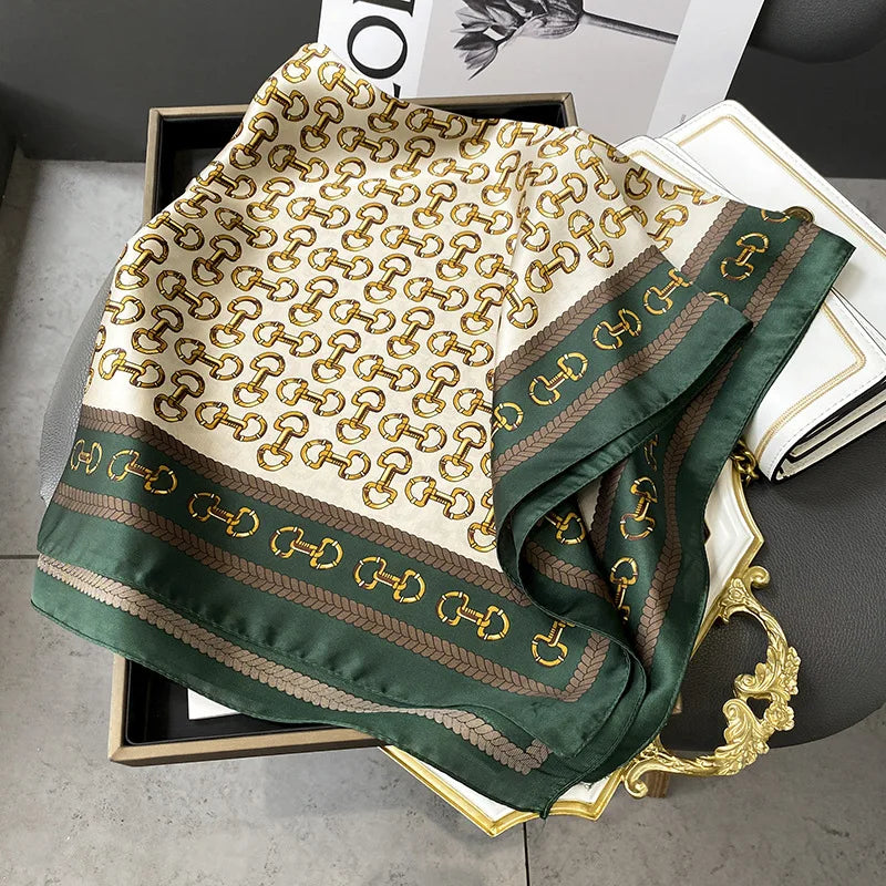 Silky Square Scarf & Head Wrap with Cat Motif