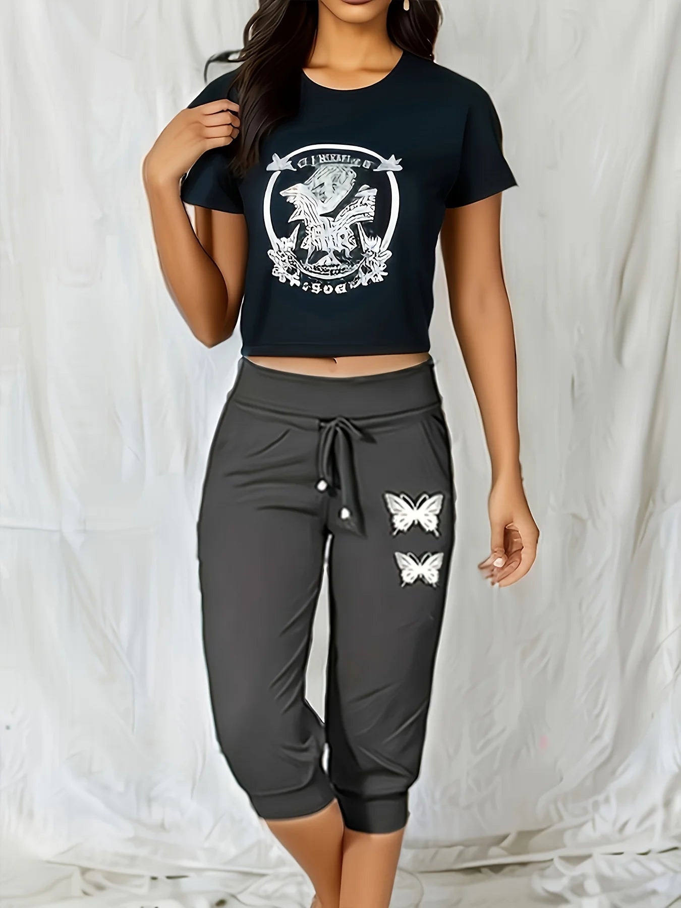 Calf-Length Jogger Pants with Butterfly Print