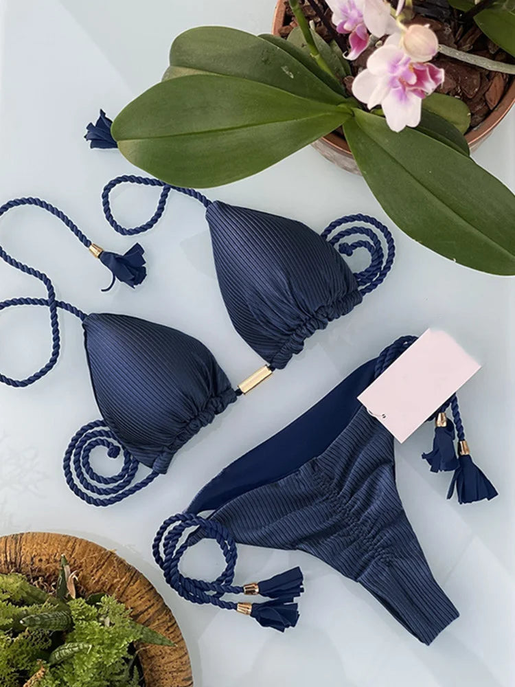 Two-Toned Triangle Bikini with Rope Tassels