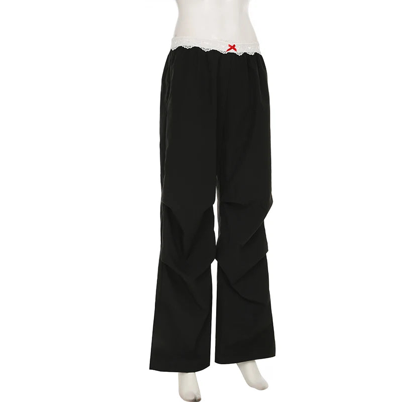 CIBBAR Y2K Contrast Lace Baggy Pants with Wide-Leg