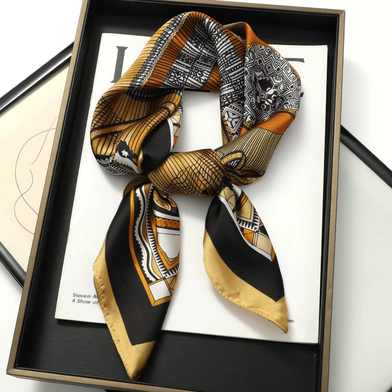 Silky Square Scarf & Head Wrap with Cat Motif