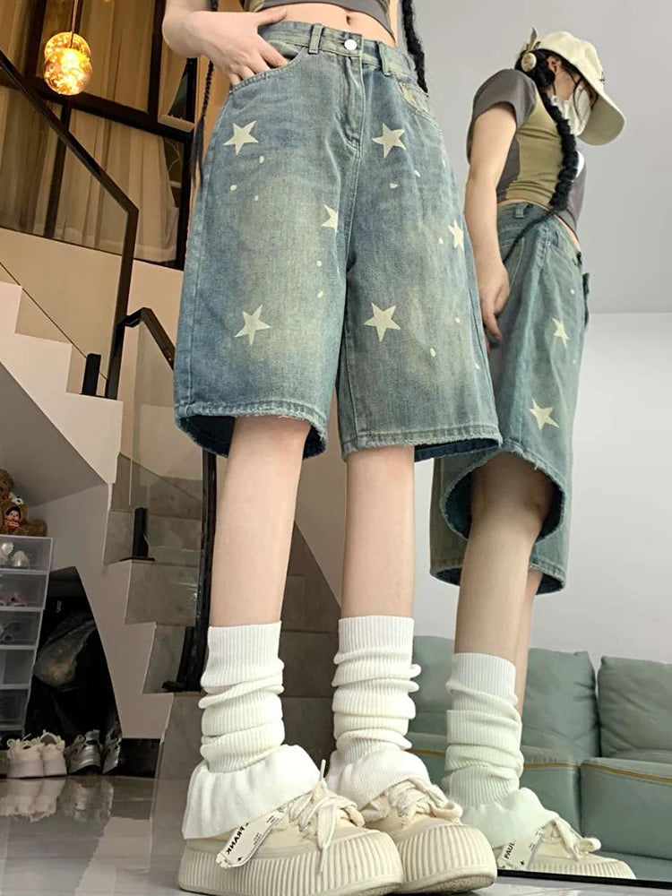 High-Waisted Retro Washed Denim Jorts with Stars