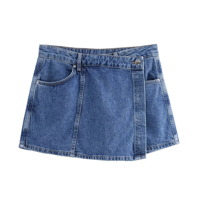 TRAF Cropped Y2K Blue Denim Shirt & Skirt Singles