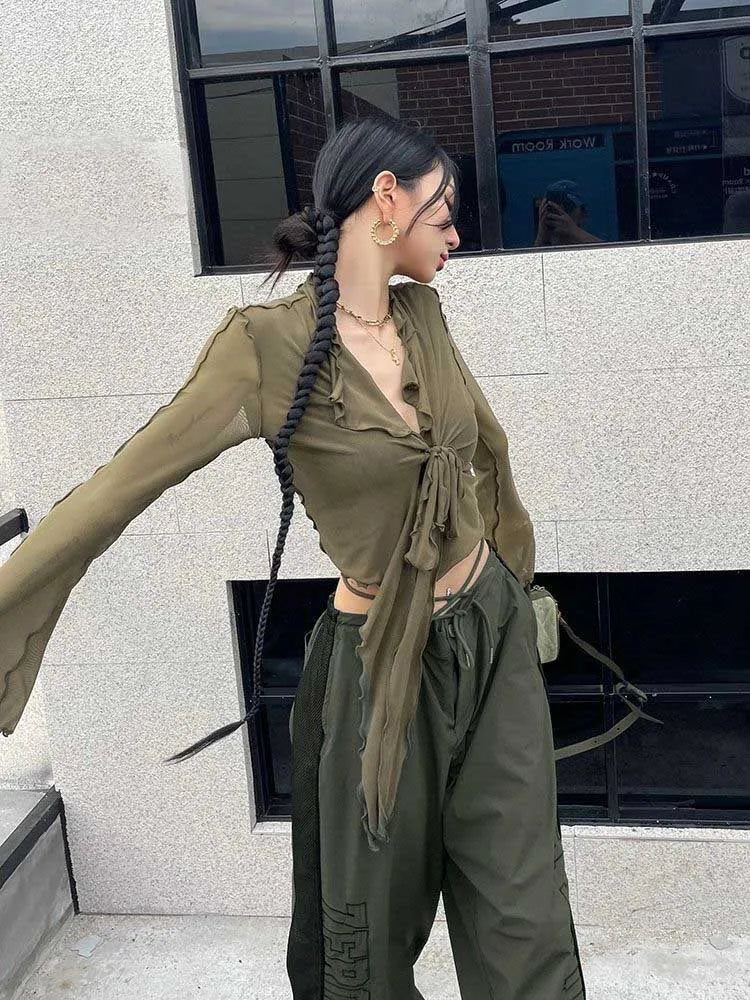 Lace-Up Mesh Blouse with Flared Sleeves