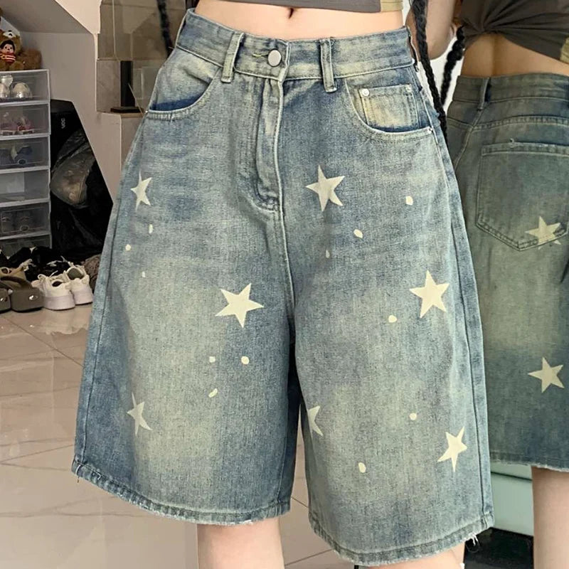 High-Waisted Retro Washed Denim Jorts with Stars