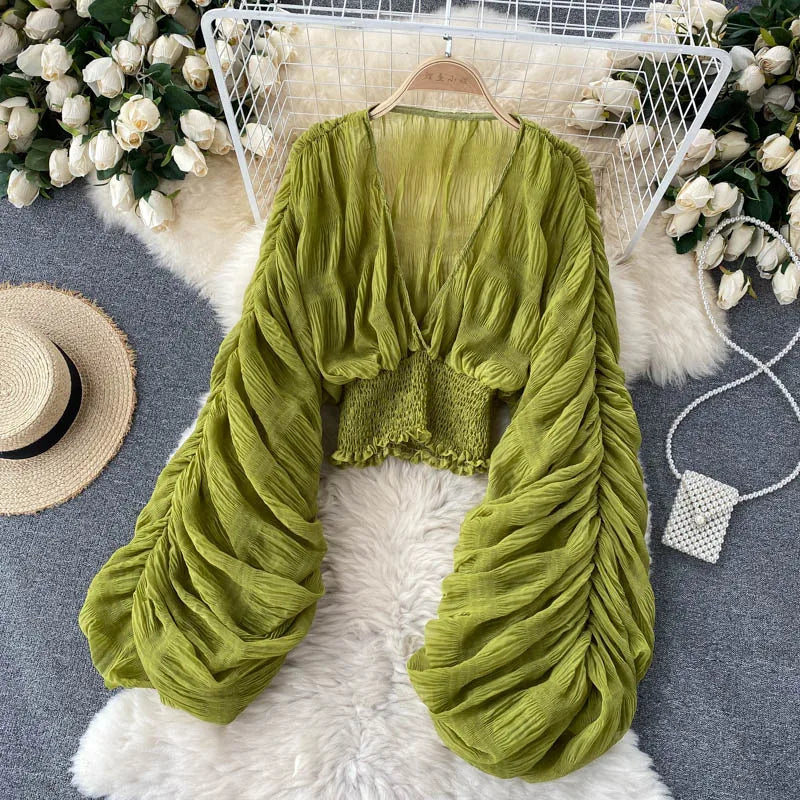 Sheer Y2K Chiffon Cropped Blouse with Long Sleeves