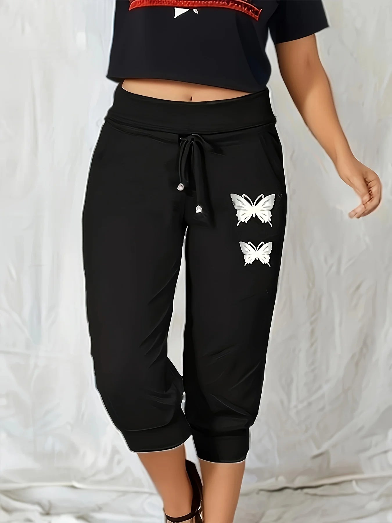 Calf-Length Jogger Pants with Butterfly Print