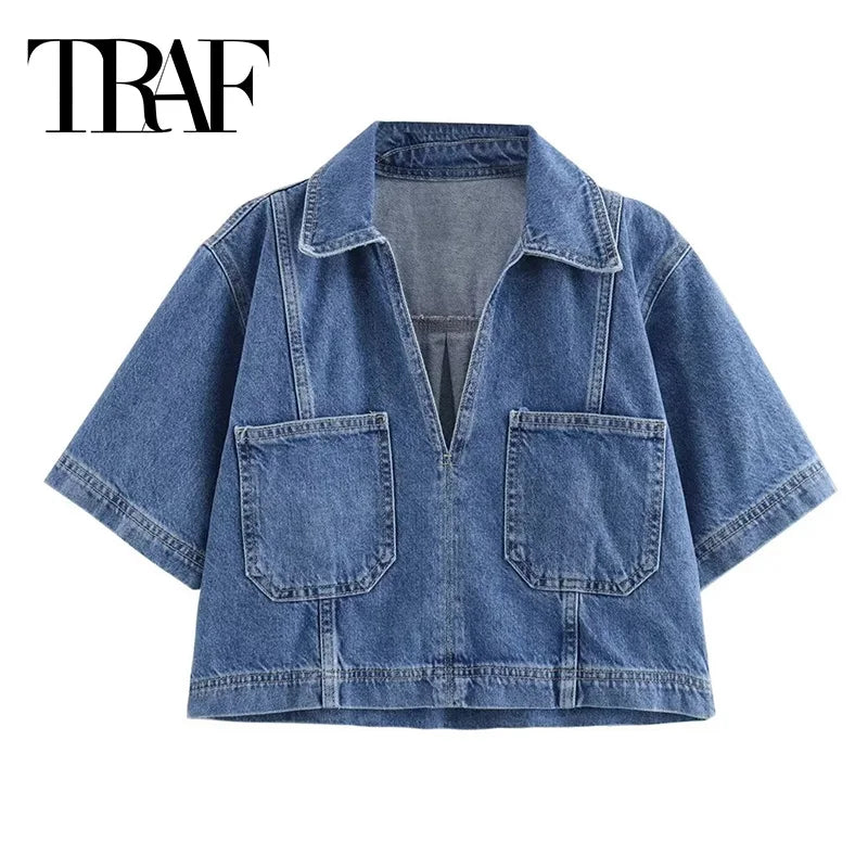 TRAF Cropped Y2K Blue Denim Shirt & Skirt Singles