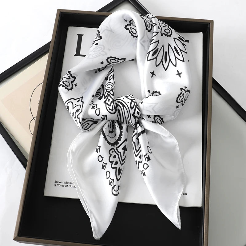 Silky Square Scarf & Head Wrap with Cat Motif